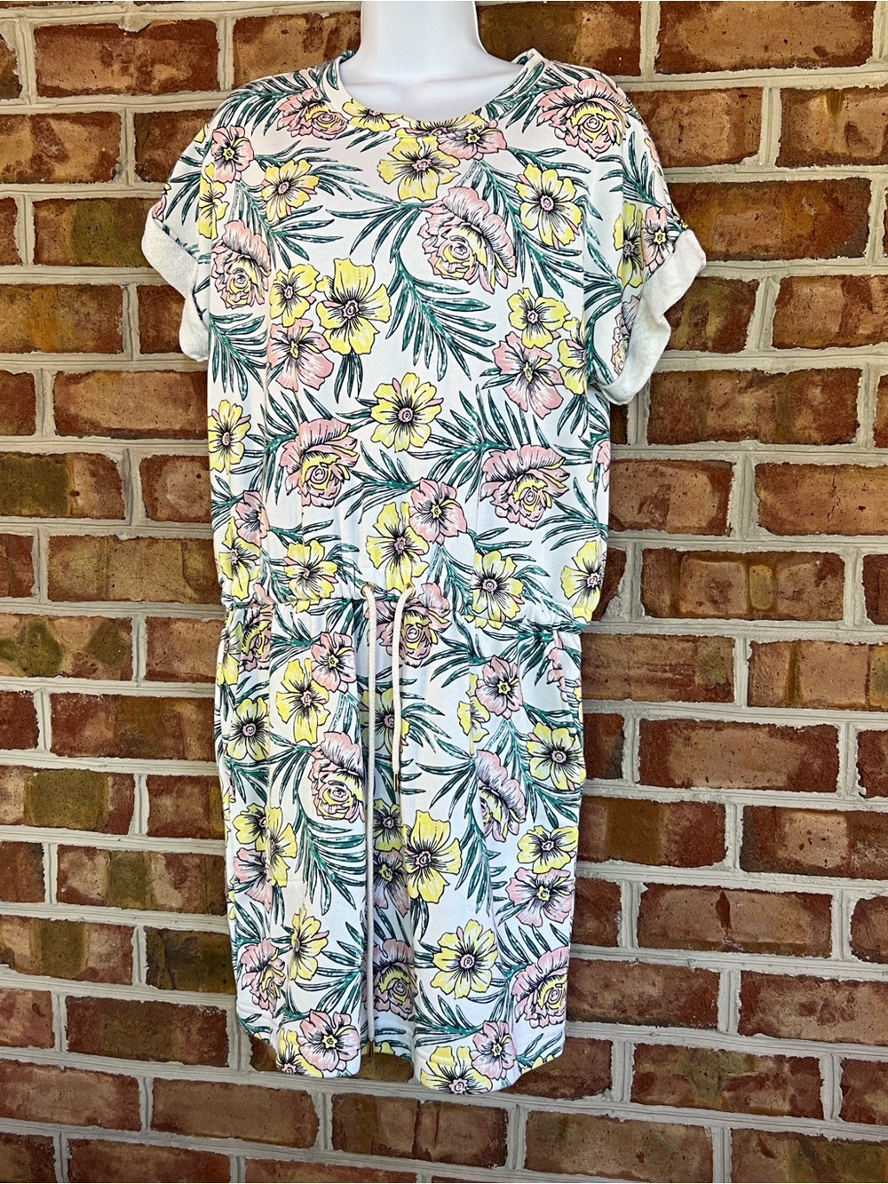 Lou & Grey White Floral Drawstring Short Sleeve Mini Dress in Yellow & Pink